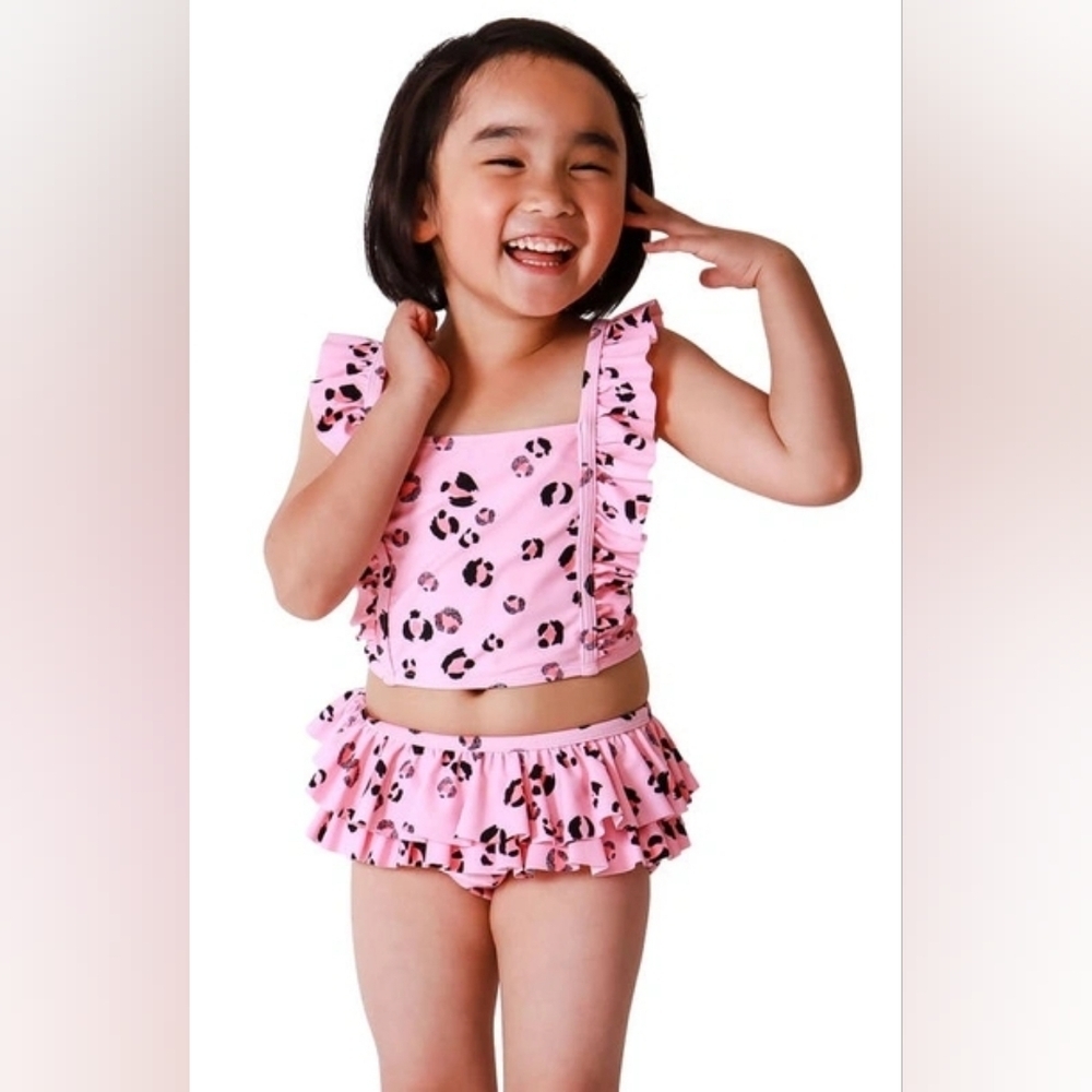 TINY TRIBEKids' Leopard Print Ruffle 2-piece Swimsuit In Pink